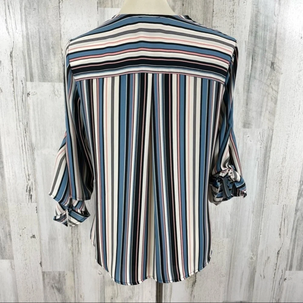W5 Women’s Blue Stripe Tie Sleeve V‎ Neck Faux Wrap Boho Blouse Top Shirt Size M
